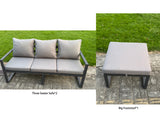 Fimous 4 Pieces Garden Furniture Set Aluminium Adjustable Rising Lifting Dining Table and Sofa Set with Big Footstool Dark Grey