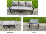 Fimous 7 Pieces Garden Furniture Set Aluminium Adjustable Rising Lifting Dining Table and Sofa Set with 2 Side Tables 2 Small Footstools Dark Grey