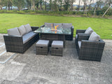 Fimous Outdoor Rattan Garden Furniture Gas Fire Pit Dining Table Sets Gas Heater Lounge Chairs Small Footstools Dark Mixed Grey 10 Seater