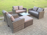 Fimous High Back Dark Mixed Grey Rattan Sofa Set Outdoor Furniture Square Coffee Table Big Footstool Chairs 2 Seater Love Sofa 7 Seater