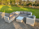Fimous Light Grey Rattan Garden Outdoor Lounge Sofa Set Chair Sofa Side Table Square Coffee Table 7 Seater