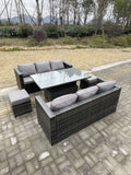 Fimous 8 Seater?Outdoor Rattan Sofa Set Garden Furniture Adjustable Rising Lifting Dining Table Footstools Dark Grey Mixed
