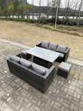 Fimous 8 Seater?Outdoor Rattan Sofa Set Garden Furniture Adjustable Rising Lifting Dining Table Footstools Dark Grey Mixed