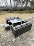 Fimous 8 Seater?Outdoor Rattan Sofa Set Garden Furniture Adjustable Rising Lifting Dining Table Footstools Dark Grey Mixed