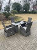 Fimous Dark Grey Mixed Outdoor PE Wicker Rattan Garden Furniture Reclining Chair And Table Dining Sets 4 Seater Rectangular Black Tempered Table