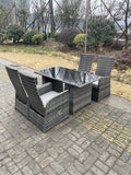 Fimous Dark Grey Mixed Outdoor PE Wicker Rattan Garden Furniture Reclining Chair And Table Dining Sets 4 Seater Rectangular Black Tempered Table