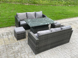 Fimous Outdoor Rattan Garden Furniture Sofa Set Dining Table Height Adjustable Rising lifting Table Lounge Sofa Small Footstools 8 Seater