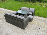 Fimous Outdoor Rattan Garden Furniture Sofa Set Dining Table Curved Arm Lounge Sofa Small Footstools 8 Seater