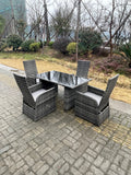 Fimous Dark Grey Mixed Outdoor PE Wicker Rattan Garden Furniture Reclining Chair And Table Dining Sets 4 Seater Rectangular Black Tempered Table