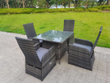 Fimous Dark Grey Mixed Outdoor PE Wicker Rattan Garden Furniture Reclining Chair And Table Dining Sets 4 Seater Square Tempered Glass Table