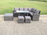 Fimous 9 Seater High Back Rattan Garden Furniture Set Corner Sofa With Oblong Dining Table Big And Small Stool