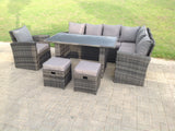 Fimous 9 Seater High Back Rattan Garden Furniture Set Corner Sofa With Black Tempered Glass Dining Table Footstool With Chair