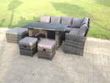 Fimous 9 Seater High Back Rattan Garden Furniture Set Corner Sofa With Black Tempered Glass Dining Table 3 Stool
