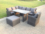 Fimous 8 Seater High Back Rattan Garden Furniture Set Corner Sofa With Black Tempered Dining Table Footstool With Arm Chair