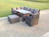 Fimous 8 Seater High Back Rattan Garden Furniture Set Corner Sofa With Black Tempered Dining Table Footstool With Arm Chair