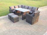 Fimous 9 Seater High Back Rattan Garden Furniture Set Corner Sofa With Black Tempered Dining Table 2 Stools With Arm Chair