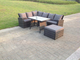 Fimous 7 Seater High Back Rattan Garden Furniture Set Corner Sofa With Oblong Dining Table Footstool