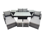 Fimous 8 seater Patio Height Adjustable Rising Lifting Table Sofa Sets Rattan Garden Furniture Dining Set with 2 Small Footstool Dark Grey Mixed