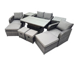 Fimous 8 seater Patio Height Adjustable Rising Lifting Table Sofa Sets Rattan Garden Furniture Dining Set with 2 Small Footstool Dark Grey Mixed