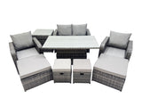 Fimous 8 seater Patio Height Adjustable Rising Lifting Table Sofa Sets Rattan Garden Furniture Dining Set with 2 Big Footstool Side Table Dark Grey Mixed