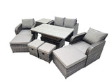 Fimous 8 seater Patio Height Adjustable Rising Lifting Table Sofa Sets Rattan Garden Furniture Dining Set with 2 Big Footstool Side Table Dark Grey Mixed