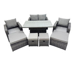 Fimous 8 seater Patio Height Adjustable Rising Lifting Table Sofa Sets Rattan Garden Furniture Dining Set with 4 Footstool Dark Grey Mixed