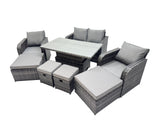 Fimous 8 seater Patio Height Adjustable Rising Lifting Table Sofa Sets Rattan Garden Furniture Dining Set with 4 Footstool Dark Grey Mixed
