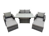 Fimous 6 seater Patio Height Adjustable Rising Lifting Table Sofa Sets Rattan Garden Furniture Dining Set with 2 Big Footstool Dark Grey Mixed