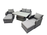 Fimous 6 seater Patio Height Adjustable Rising Lifting Table Sofa Sets Rattan Garden Furniture Dining Set with 2 Big Footstool Dark Grey Mixed