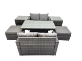 Fimous 6 seater Patio Height Adjustable Rising Lifting Table Sofa Sets Rattan Garden Furniture Dining Set with 2 Big Stools 2 Side Tables Dark Grey Mixed