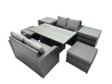 Fimous 6 seater Patio Height Adjustable Rising Lifting Table Sofa Sets Rattan Garden Furniture Dining Set with 2 Big Stools 2 Side Tables Dark Grey Mixed