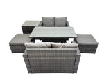 Fimous 6 seater Patio Height Adjustable Rising Lifting Table Sofa Sets Rattan Garden Furniture Dining Set with 2 Big Stools Side Table Dark Grey Mixed