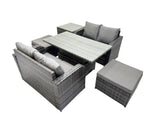 Fimous 6 seater Patio Height Adjustable Rising Lifting Table Sofa Sets Rattan Garden Furniture Dining Set with 2 Big Stools Side Table Dark Grey Mixed
