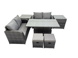 Fimous 6 seater Patio Height Adjustable Rising Lifting Table Sofa Sets Rattan Garden Furniture Dining Set with 2 Small Stools Dark Grey Mixed