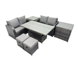 Fimous 6 seater Patio Height Adjustable Rising Lifting Table Sofa Sets Rattan Garden Furniture Dining Set with 2 Small Stools Dark Grey Mixed