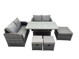 Fimous 7 seater Patio Height Adjustable Rising Lifting Table Sofa Sets Rattan Garden Furniture Dining Set with 3 Stools Dark Grey Mixed