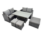 Fimous 7 seater Patio Height Adjustable Rising Lifting Table Sofa Sets Rattan Garden Furniture Dining Set with 3 Stools Dark Grey Mixed