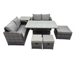 Fimous 7 seater Patio Height Adjustable Rising Lifting Table Sofa Sets Rattan Garden Furniture Dining Set with 3 Stools Side Table Dark Grey Mixed