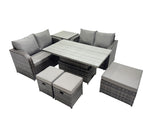 Fimous 7 seater Patio Height Adjustable Rising Lifting Table Sofa Sets Rattan Garden Furniture Dining Set with 3 Stools Side Table Dark Grey Mixed