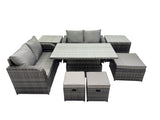 Fimous 7 seater Patio Height Adjustable Rising Lifting Table Sofa Sets Rattan Garden Furniture Dining Set with 2 Side Table 3 Stools Dark Grey Mixed