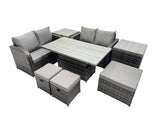 Fimous 7 seater Patio Height Adjustable Rising Lifting Table Sofa Sets Rattan Garden Furniture Dining Set with 2 Side Table 3 Stools Dark Grey Mixed