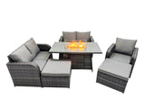 Fimous 7 seater Patio Gas Firpit Dining Table Sofa Sets Rattan Garden Furniture Dining Set with 2 Big Stools Dark Grey Mixed