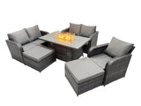 Fimous 7 seater Patio Gas Firpit Dining Table Sofa Sets Rattan Garden Furniture Dining Set with 2 Big Stools Dark Grey Mixed