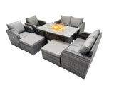 Fimous 8 seater Patio Gas Firpit Dining Table Sofa Sets Rattan Garden Furniture Dining Set with 2 Big Stools Dark Grey Mixed