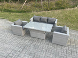 Fimous Rattan Garden Funiture Set Height Adjustable Rising Lifting Table Sofa Dining Set With 2 Arm Chair