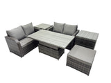 Fimous 5 seater Patio Height Adjustable Rising Lifting Table Sofa Sets Rattan Garden Furniture Dining Set with Big Stool 2 Side Tables Dark Grey Mixed