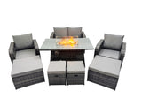 Fimous 8 seater Patio Gas Firpit Dining Table Sofa Sets Rattan Garden Furniture Dining Set with 4 Stools Dark Grey Mixed