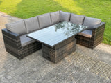 Fimous 6 Seater Rattan Corner Sofa Set Rising Adjustable Dining Table Set With Seat And Back Cushion
