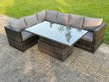 Fimous 6 Seater PE Rattan Corner Sofa Set Rising Adjustable Dining Table Set With Seat And Back Cushion