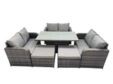 Fimous 8 seater Patio Height Adjustable Rising Lifting Table Sofa Sets Rattan Garden Furniture Dining Set with 2 Big Stools Dark Grey Mixed